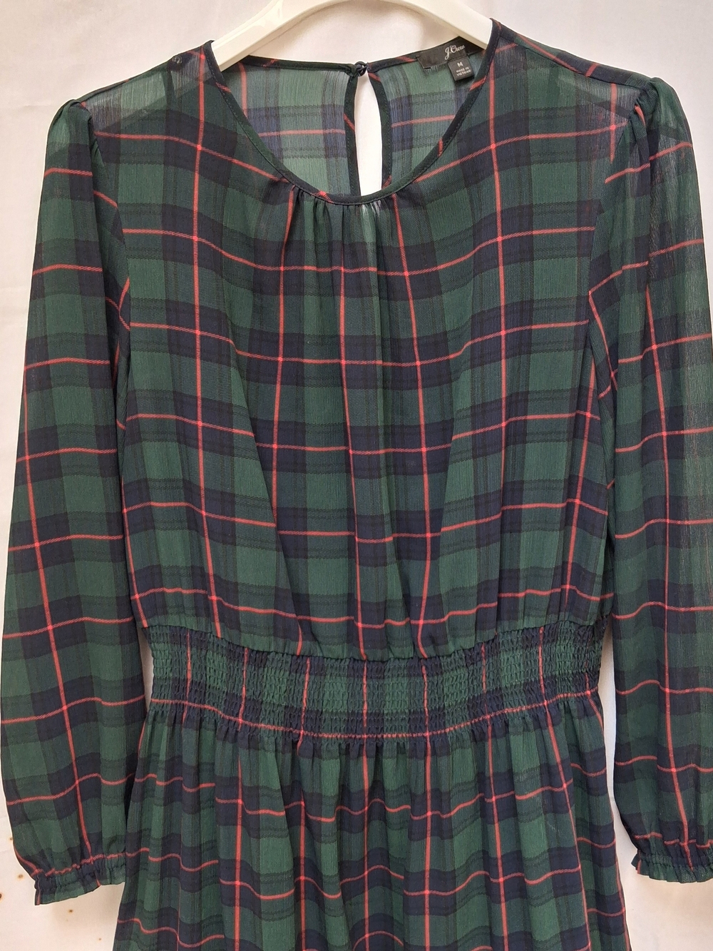 J. Crew Navy and Green Plaid Long-Sleeve Dress M